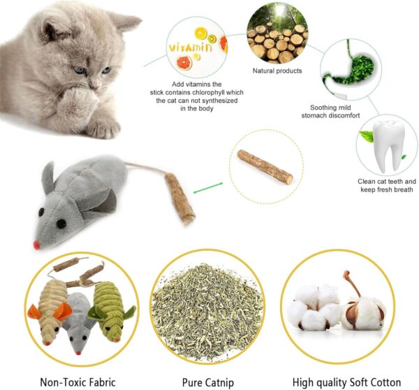 jiuhao Cat Catnip Mouse Toys,3 Pack Cat Catnip Sticks Interactive Plush for Indoor Cats,Scratch Chewing Teeth Grinding Pillow Cleaning Kick Bite Resistant for Kitten Toy - Image 5