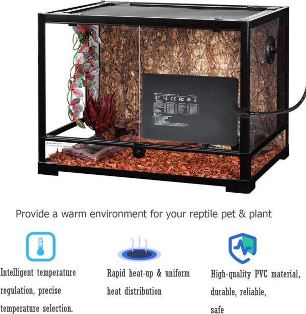 XIEHUZA Reptile Heating Pad with Thermostat, 8x12 inch Under Tank Terrarium Heater with Adhesive for 30-40gal Tank, Waterproof Heating Mat for Turtles, Lizards, Frogs, and Other Reptiles - Image 2