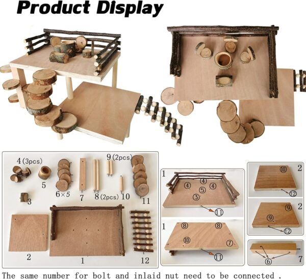 RoseFlower Wooden Hamster Playground Platform, Hamster Climbing Toy, Natural Living Climb System, Small Animals Activity Set with Ladder Food Bowl Ramp Bridge for Mouse Gerbil Rat Chinchilla - Image 4