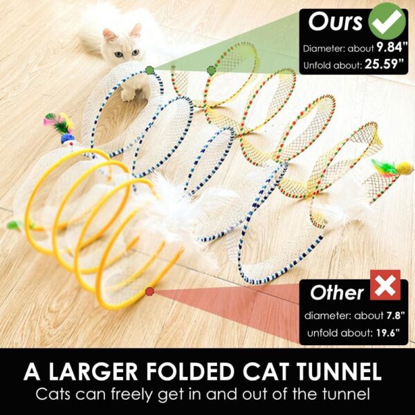 Folded Cat Tunnels for Indoor Cats, Upgrade Large Collapsible Cat Tube Tunnel with Feather Mouse Toys, Cat Tent Play Tunnel with Interactive Toy for Kitten and Cats, Exercise Cat Springs (Yellow) - Image 5