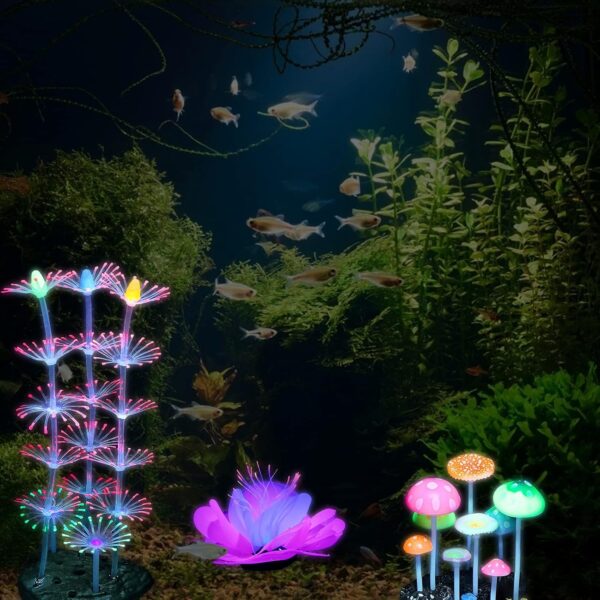 CCCYMM 4 Pack Glowing Fish Tank Decorations Plants, Glow Aquarium Decorations, Glowing Mushroom Coral Plant Ornaments - Image 5
