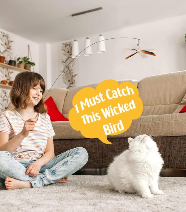 Pawaboo Feather Teaser Cat Toy, Interactive Feather Wand Cat Toy Flying Feather Cat Catcher with Extra Long 35" Wand and Small Bell, Fun Exerciser Playing Toy for Kitten or cat, Orange - Image 7