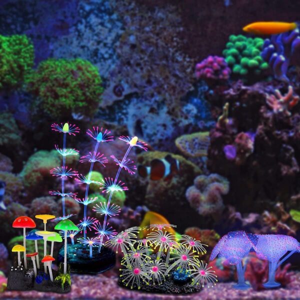 Podazz 4 Pack Glow Aquarium Decorations Coral Reef Glowing Mushroom Anemone Simulation Coral Plant Glowing Effect Silicone for Fish Tank Decorations - Image 8