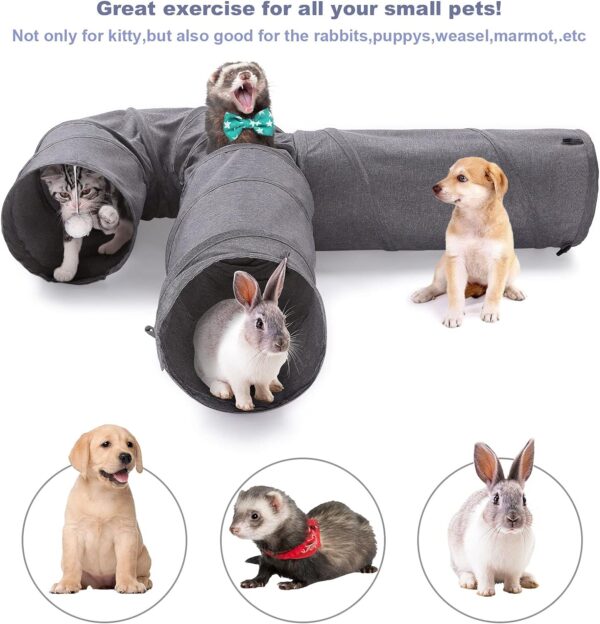 Ownpets Cat Tunnel, 3 Way Cat Tunnel, Cat Tunnel Fabric with Ball and Cat Teaser, Expandable and Foldable Cat Tunnel, Play Tunnel for Cat, Puppy, Rabbit, Grey - Image 8