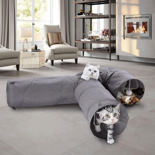 Ownpets Cat Tunnel, 3 Way Cat Tunnel, Cat Tunnel Fabric with Ball and Cat Teaser, Expandable and Foldable Cat Tunnel, Play Tunnel for Cat, Puppy, Rabbit, Grey - Image 4