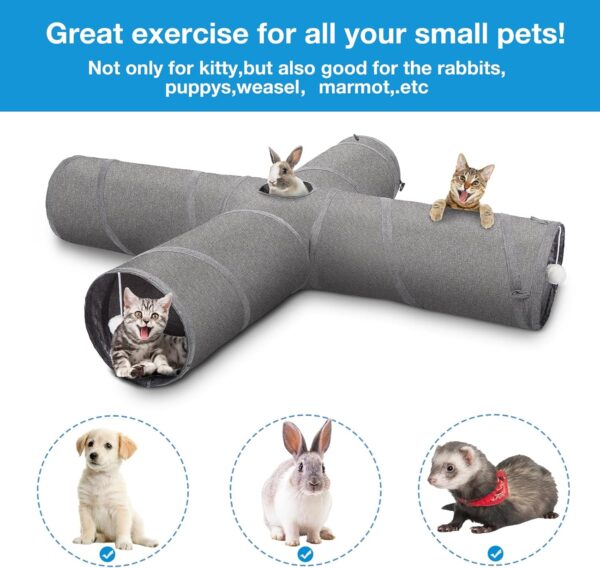 Ownpets Cat Tunnel, Cross 4 Way Pet Tunnel with Sturdy Oxford Fabric, Foldable and Resistant to Tearing, Featuring Multiple Exits, Hanging Ball and Teaser Wand,Grey - Image 6