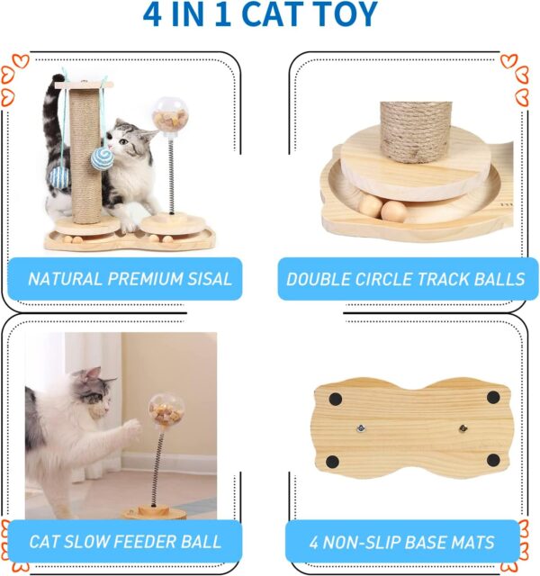 Marchul 4 in1 Interactive Cat Toy, Cat Scratching Post with Hanging Ball, Cat Food Treat Toy for Indoor Cats and Kittens with Wooden Track Balls, Kitten Sisal Scratcher Toy with Cat Treat Dispenser - Image 4