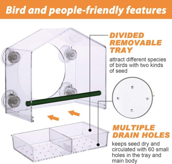 Window Bird Feeder - Extra Strong Suction Cups and Removable Seed Tray with Drainage Holes. Windowsill Birdfeeders for Wild Birds, Finch, and Cardinal. LIANGPIN Transparent Birdhouse Shape Design - Image 4