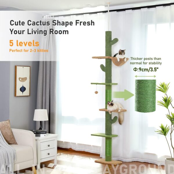 PAWZ Road Cactus Cat Tree Floor to Ceiling Cat Tower with Adjustable Height(229-275cm), 5 Tiers Cat Climbing Activity Center with Cozy Hammock, Platforms and Dangling Balls for Indoor Cats - Image 3