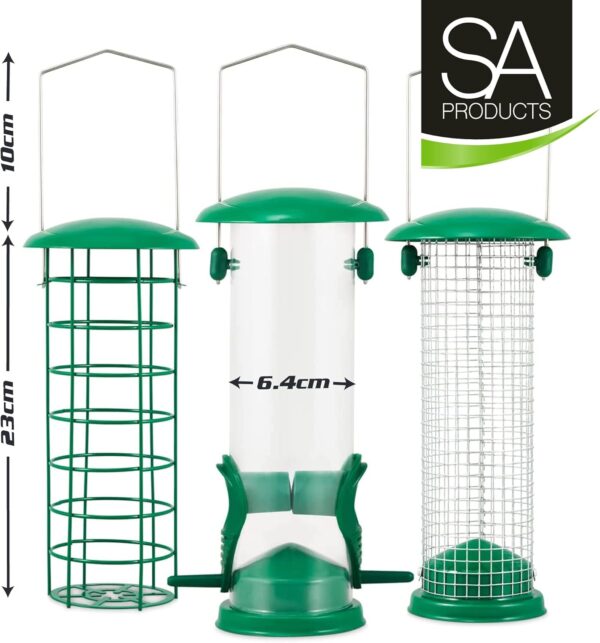 SA Products 3-Pack Metal Bird Feeder - Squirrel-Proof Hanging Bird Feeder Station for Garden, Backyard, Lawn - Set of Tube, Dense Mesh, Coarse Mesh Wild Bird Feeders for Nuts, Seeds, Fat Balls - Green - Image 5