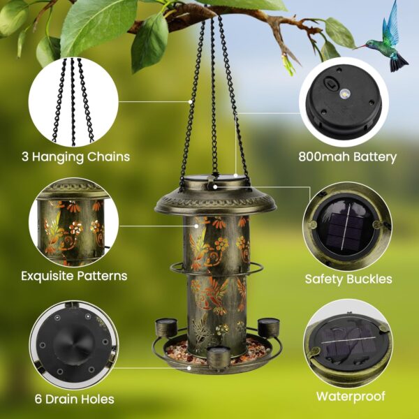 Solar Bird Feeders for Outside Wild Bird Feeders with 3 Water Cups and Food Tray, Metal Bird Feeders for Outdoor Hanging in The Trees&Hooks, Solar Lantern Decorations for Garden, Patio(Green) - Image 3