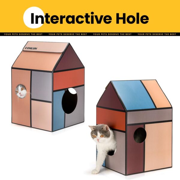Conlun Cardboard Cat House with Cat Scratcher Pad&Catnip,Easy-to-Assemble Cat Scratch Cardboard House for Various Home Decor,Cat Scratching Board Toy for Indoor Cats&Small Animals Birthday - Image 3