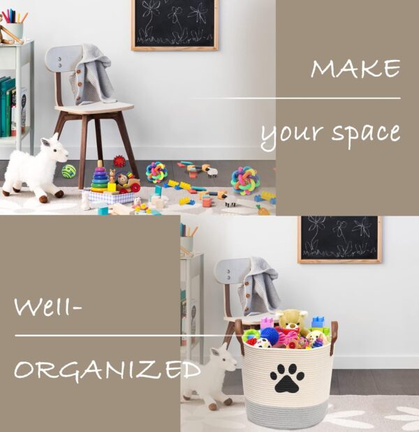 Cotton rope dog toy basket, puppy toy basket, puppy bins, laundry basket blanket storage bin - Perfect for organizing pet toys, blankets, leashes - Beige Gray - Image 6