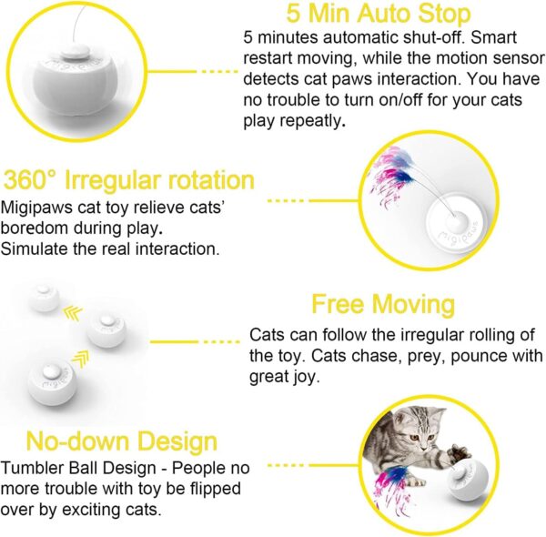Migipaws Cat Toys,Interactive Butterfly Feather Kitten Toy,Spin with Smart Rolling Ball for Indoor Cats,Self Play Automatic Touch Senser, 3 Refills - Image 3