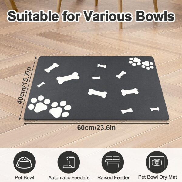 Pet Feeding Mat Absorbent Dog Mat: Bowl Mat Diatomaceous Earth Cat Bowl Mat Pet Diatomite Feeding Mat Non-slip Water Absorbent Eating Placemat for Small Animal, Dark Grey (Bone Pattern) - Image 6