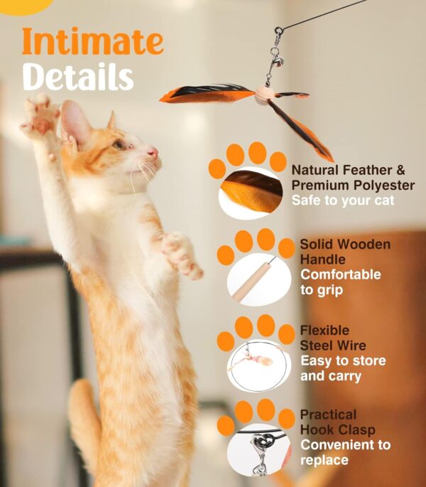 Pawaboo Feather Teaser Cat Toy, Interactive Feather Wand Cat Toy Flying Feather Cat Catcher with Extra Long 35" Wand and Small Bell, Fun Exerciser Playing Toy for Kitten or cat, Orange - Image 6