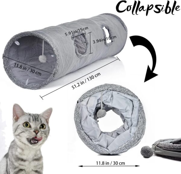 LeerKing Large Cat Tunnel 51"(L) Dia 12" Collapsible Extra Long Cat Play Tunnel Indoor Outdoor Suede Crinkle Cat Tube Tunnel Toy with Ball and Peek Hole for Kittens Rabbits Puppy, L, Grey - Image 2