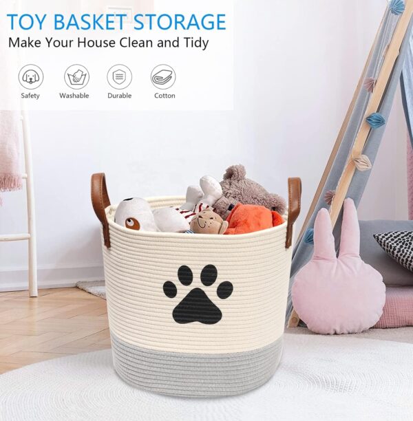 Cotton rope dog toy basket, puppy toy basket, puppy bins, laundry basket blanket storage bin - Perfect for organizing pet toys, blankets, leashes - Beige Gray - Image 2