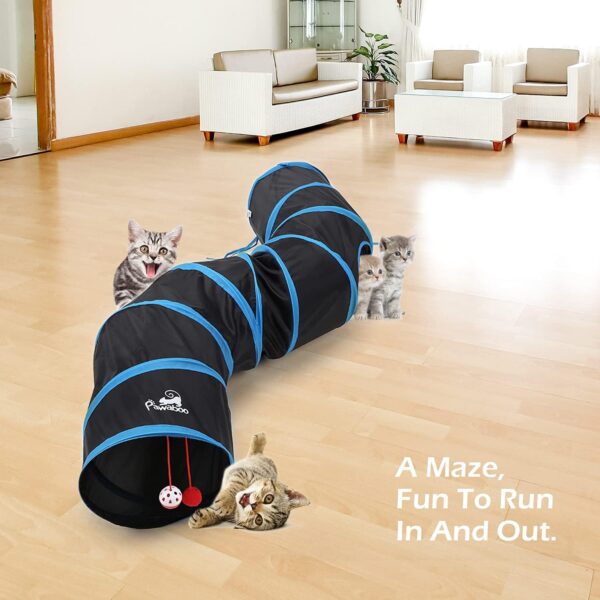 Pawaboo Cat Toys, Cat Tunnel Tube S-Shaped Tunnels 25x97cm Extensible Collapsible Cat Play Tent Interactive Toy Maze Cat House with Balls and Bells for Cat Kitten Kitty Rabbit Small Animal, Blue - Image 7