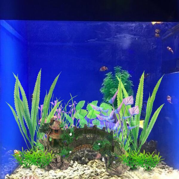 Aquarium Ornament Plants with Resin Arch Bridge, 13pcs Green Aquariums Plants Plastic and Aquarium Decorative Pavilion Tree Bridge for Fish Tank Ornament Decoration - Image 7