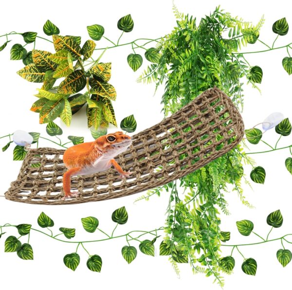 QUOZUO Bearded Dragon Hammock Reptile Hide decor, Leopard Gecko Tank Accessories Reptile Hammock with Jungle Climbing Vines Hanging Plants Artificial Leaves for Chameleon, Lizards, Gecko, Snakes - Image 7