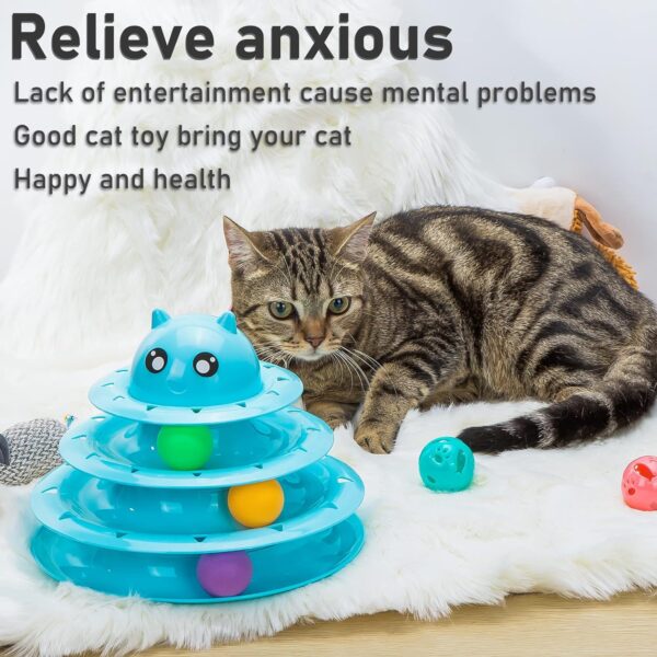 Vealind Pet Interactive Fun Roller Exerciser 3 Level Cat Teaser Ball Toy with 3 Colorful Balls(Blue) - Image 3