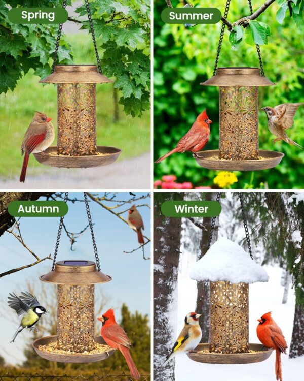 Solar Bird Feeder for Outdoors Hanging, Metal Wild Bird Feeder Squirrel Proof for Cardinals Solar Garden Lantern with S Hook as Gift Ideas for Bird Lovers(Copper) - Image 7