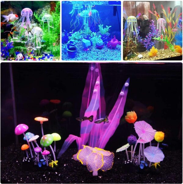 Cayway 6 Pack Aquarium Fish Tank Ornament Glowing Simulation Coral Plant Ornaments Glowing Silicone Aquarium Ornaments Mushroom Lotus for Fish Tank, Aquarium Landscape - Image 5