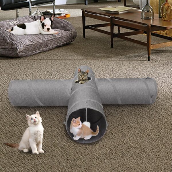 Ownpets Cat Tunnel, Cross 4 Way Pet Tunnel with Sturdy Oxford Fabric, Foldable and Resistant to Tearing, Featuring Multiple Exits, Hanging Ball and Teaser Wand,Grey - Image 3