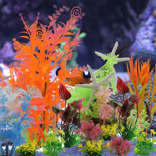 QUOZUO 21 pcs Fish Tank Decorations Plants with Artificial Tree Trunk view and starfish, Aquarium Plants Colorful Artificial Resin Reef Resin Fish Tank Ornament - Image 3