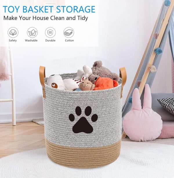 Cotton rope dog toy basket, puppy toy basket, puppy bins, laundry basket blanket storage bin - Perfect for organizing pet toys, blankets, leashes - Gray Beige - Image 2