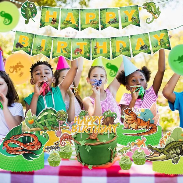 PRATYUS Reptile Lizard Party Decorations, Lizard Jungle Wild Party Supplies with Happy Birthday Banner, Lizard Stickers, Cake Toppers, Balloons for Kids Swamp Safari Animal Theme Party - Image 6