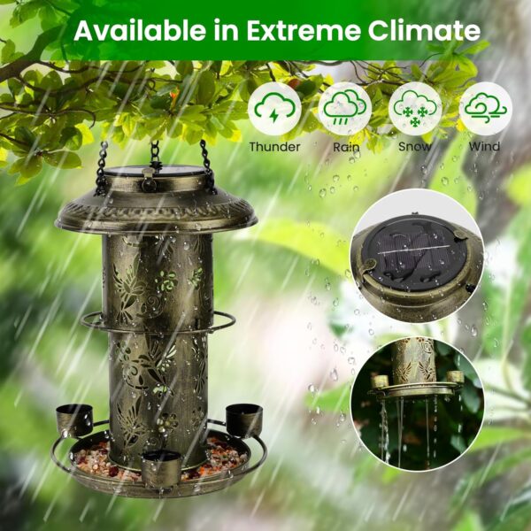 Solar Bird Feeders for Outside Wild Bird Feeders with 3 Water Cups and Food Tray, Metal Bird Feeders for Outdoor Hanging in The Trees&Hooks, Solar Lantern Decorations for Garden, Patio(Green) - Image 7