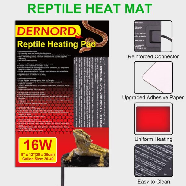 DERNORD Heat Mat with Thermostat - 16W Reptile Heat Pad with Thermostat Control Combo Set for Snake Bearded Dragon Lizard Crested Gecko Vivarium Heater - Image 2
