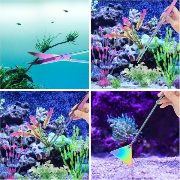 Extra Long Aquarium Aquascape Kits Colorful, 4 in 1 Anti-Rust Aquatic Plant Aquascaping Tool Stainless Steel Tweezers Scissors Spatula for Aquarium Tank Clean Fish Tank Aquascape Tools Sets - Image 7