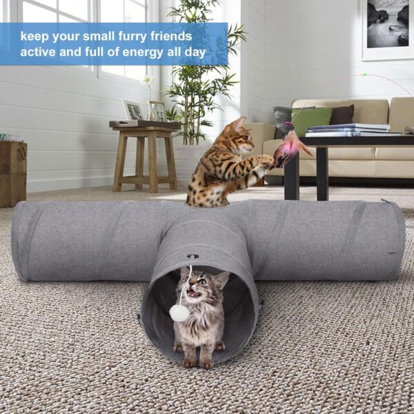 Ownpets Cat Tunnel, Large 3 Way Pet Tunnel with Sturdy Oxford Fabric, Foldable and Resistant to Tearing, Featuring Multiple Exits, Hanging Ball and Teaser Wand，Diameter 30CM - Image 3