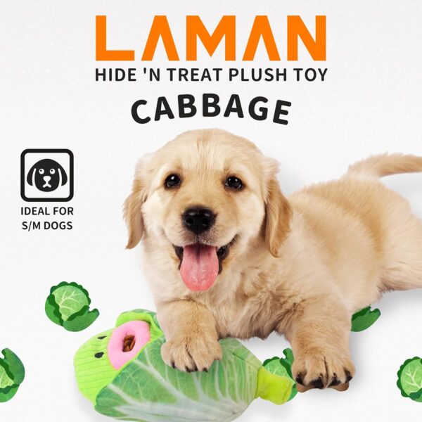 LAMAN Hide 'N Treat Cabbage Plush - Interactive Dog Puzzle Toy, Squeaky & Crinkle Snuffle Dog Treat Toy for Boredom Relief & Mental Stimulation - Ideal for Small, Medium Dogs & Puppies - Image 3