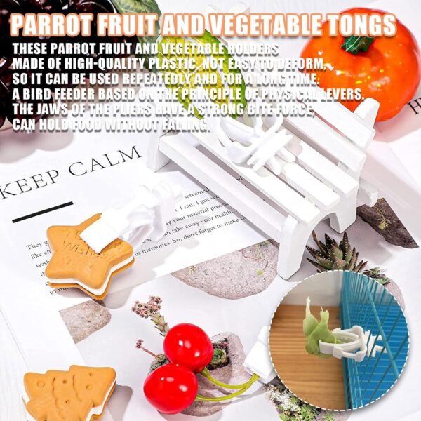 Budgie Food Holder,4PCS Stainless Steel Parrot Skewer Feeder and Plastic Bird Food Clips Set,Bird Treats Fruit Stick Holder Clip Foraging Toy for Parrot Budgie Parakeet Cockatiel Cage (Silver+White A) - Image 4