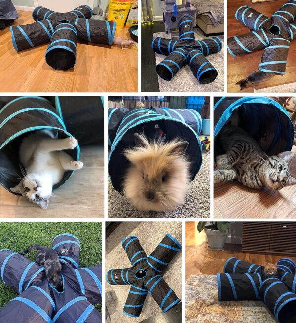 Pawaboo Cat Toys, Cat Tunnel Tube 5 Way Tunnels 25x53cm Extensible Collapsible Cat Play Tent Interactive Toy Maze Cat House with Balls and Bells for Cat Kitten Kitty Rabbit Small Animal, Blue - Image 2