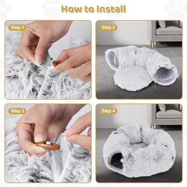 Odoland Large Cat Tunnel Toy with Plush Cat Bed, Foldable Pet Tunnel Bed for Indoor, Multifunctional Cat Donut Tunnel with Ball & Peek Holes, Cat Toys, Crinkle Play Tunnel Tube for Cat - Grey - Image 7