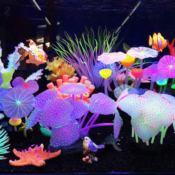 Cayway 6 Pack Aquarium Fish Tank Ornament Glowing Simulation Coral Plant Ornaments Glowing Silicone Aquarium Ornaments Mushroom Lotus for Fish Tank, Aquarium Landscape - Image 7