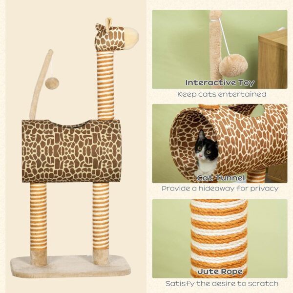 PawHut Cat Tree for Indoor Cats Cute Giraffe Kitten Play Tower w/Scratching Posts, Tunnel, Toy Ball, 48.5 x 34.5 x 101cm - Beige - Image 5