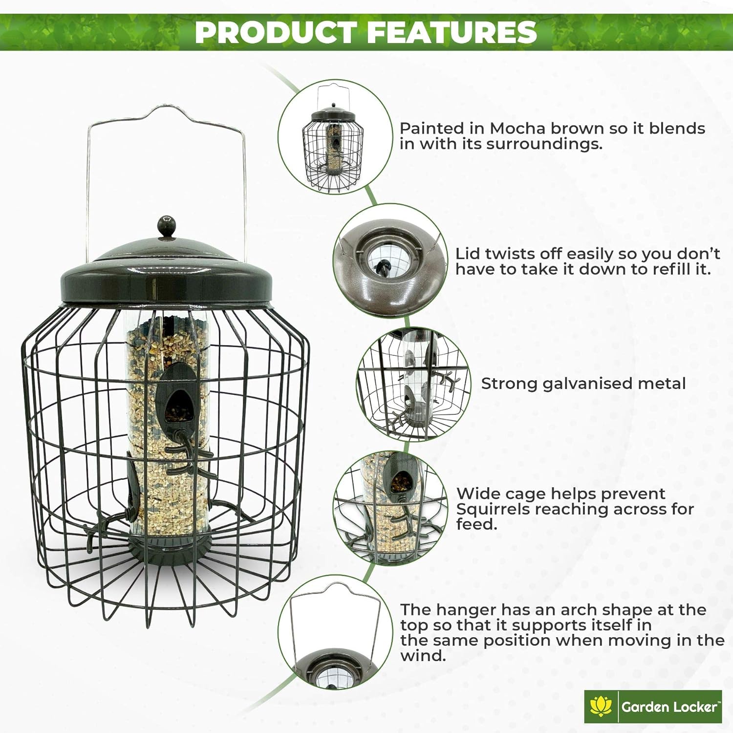 Large Heavy Duty Squirrel Proof Bird Feeder for Wild Seed Feed Mix Outdoor Garden use - Mocha Brown - with Strong Galvanised Metal Cage to Deter Squirrels & Large Birds - Image 5