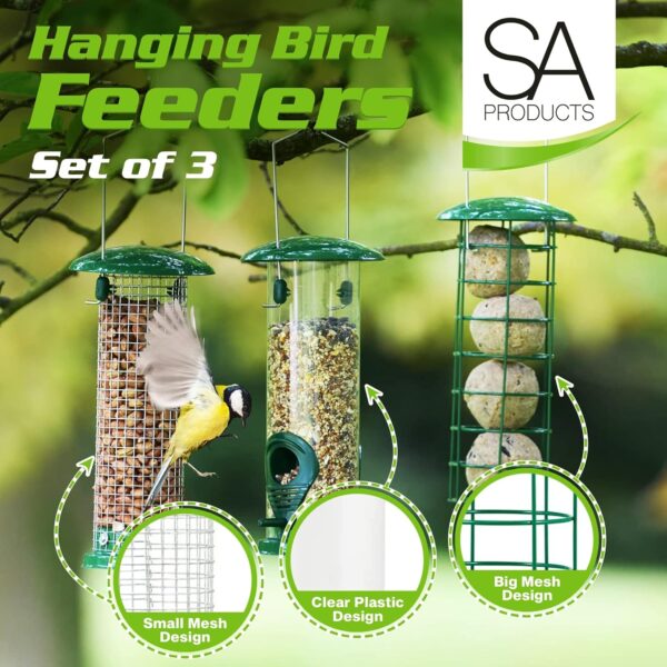 SA Products 3-Pack Metal Bird Feeder - Squirrel-Proof Hanging Bird Feeder Station for Garden, Backyard, Lawn - Set of Tube, Dense Mesh, Coarse Mesh Wild Bird Feeders for Nuts, Seeds, Fat Balls - Green - Image 3