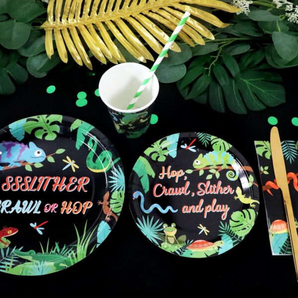 Reptile Party Supplies Decorations, Jungle Lizard and Snake Theme Birthday Paper Plates and Napkins Set with Cups and Straws for 24 Guests, 120 Pcs Disposable Party Dessert Dinnerwares - Image 4