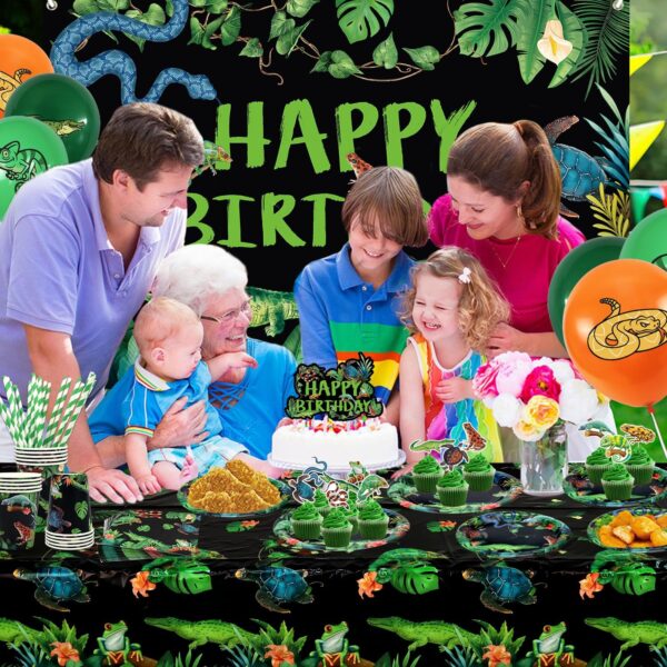 Obussgar Reptile Birthday Party Decorations - Reptile Party Supplies including Banner, Backdrop, Cake Toppers, Plates, Cups, Napkins, Balloons, Tablecloth for Birthday Party Decoration- Serves 20 - Image 7