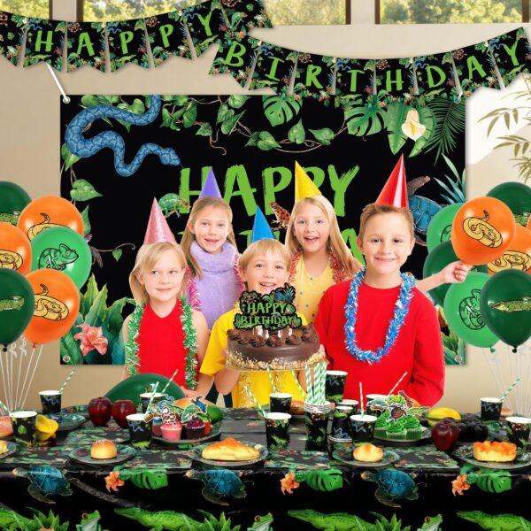 Obussgar Reptile Birthday Party Decorations - Reptile Party Supplies including Banner, Backdrop, Cake Toppers, Plates, Cups, Napkins, Balloons, Tablecloth for Birthday Party Decoration- Serves 20 - Image 6