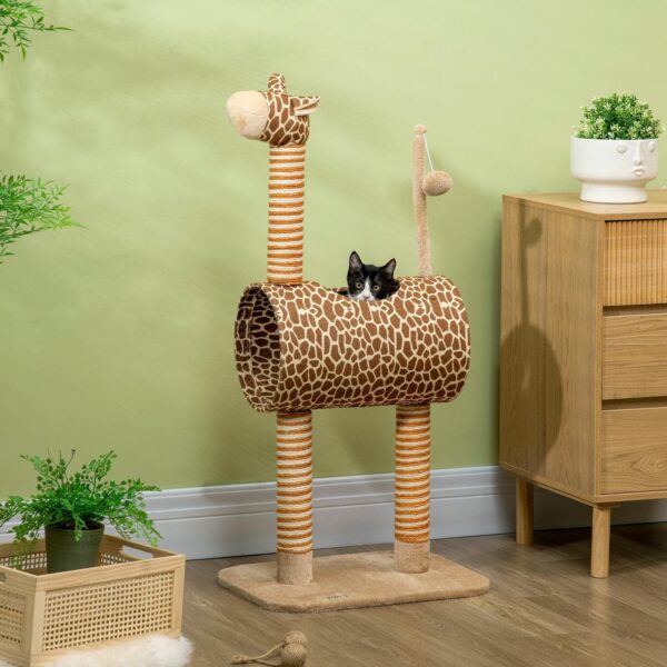 PawHut Cat Tree for Indoor Cats Cute Giraffe Kitten Play Tower w/Scratching Posts, Tunnel, Toy Ball, 48.5 x 34.5 x 101cm - Beige - Image 2