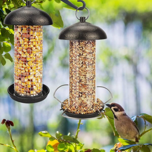 Urban Deco Hanging Bird Seed Feeders Set Metal Tube Mixed Seed Feeder Peanut Sunflower Seed Feeder with Hanger for Garden Outside Great for Attracting Wild Birds (Coffee-2 Pack) - Image 2