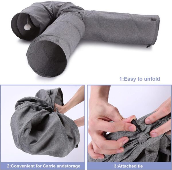 Ownpets Cat Tunnel, 3 Way Cat Tunnel, Cat Tunnel Fabric with Ball and Cat Teaser, Expandable and Foldable Cat Tunnel, Play Tunnel for Cat, Puppy, Rabbit, Grey - Image 6